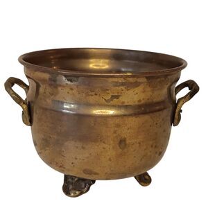 Vintage Small Copper Pot Planter Three Footed & Two Handles Patina 3.25" x 5"